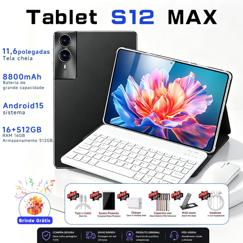 Tablet S12 Max com teclado e mouse grátis | 16 GB de RAM 512 GB | Tela HD de 11,6" | Android 15 | 5G