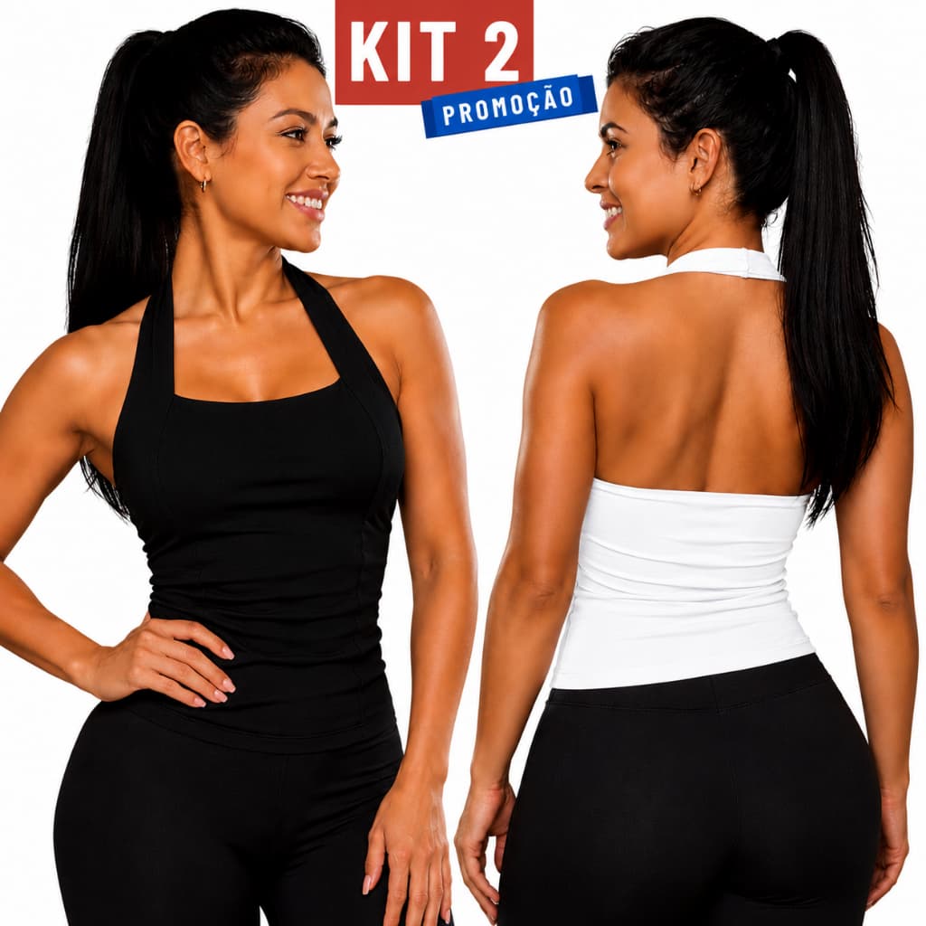 KIT 2 Blusa Feminina Regata Costas Nuas Halter Academia Frente Única Tecido Duplo Moda Gringa Premium