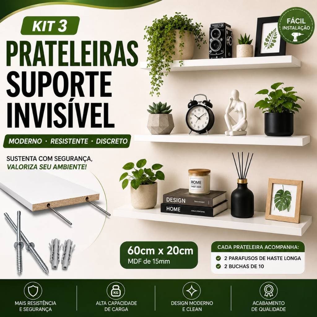 Kit 3 Prateleiras Flutuantes Suporte Invisível  MDF Branco Nicho Decorativo Parede