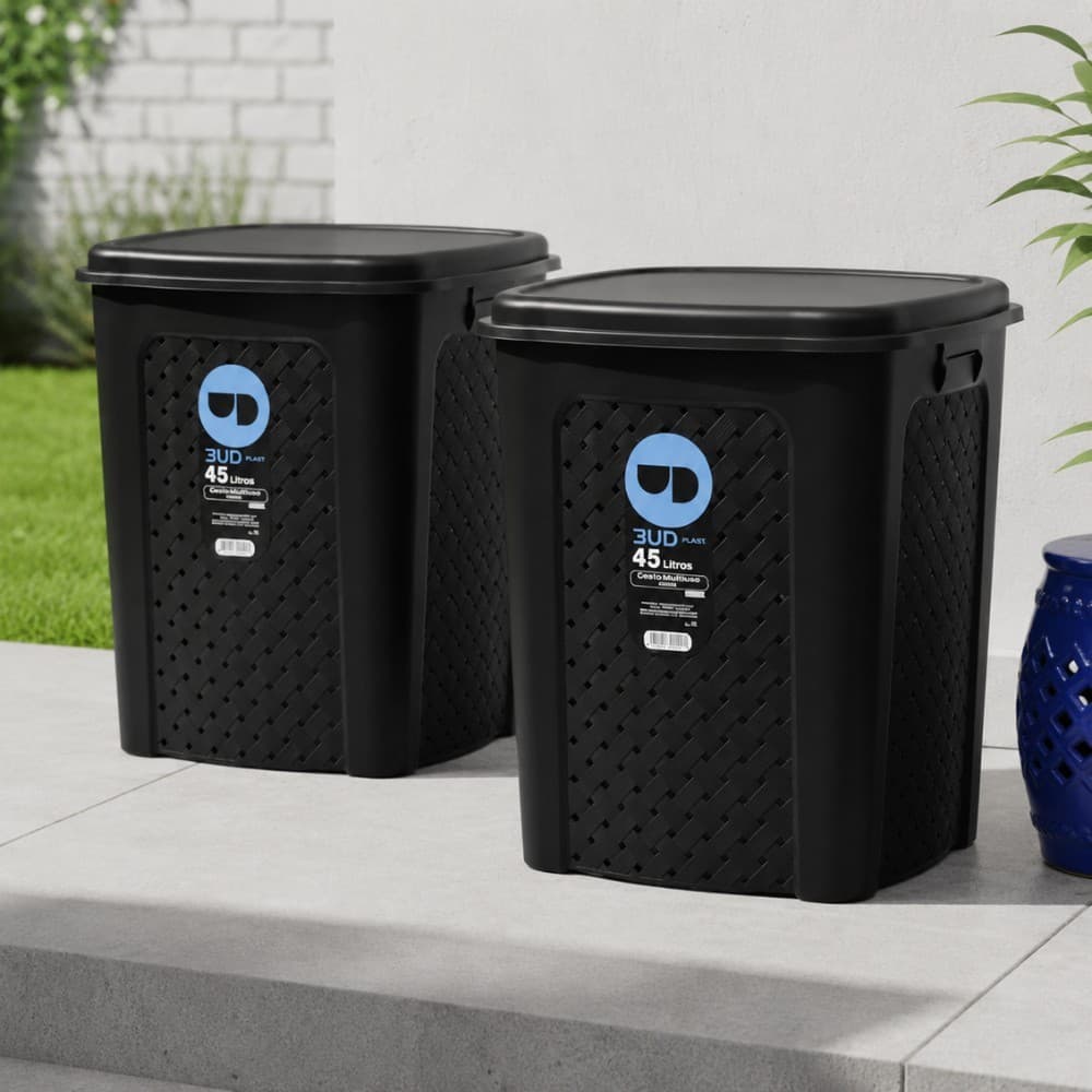 Kit 2 Cesto Para Roupa Suja Rattan 45L Com Tampa Organizador Lavanderia Banheiro Preto
