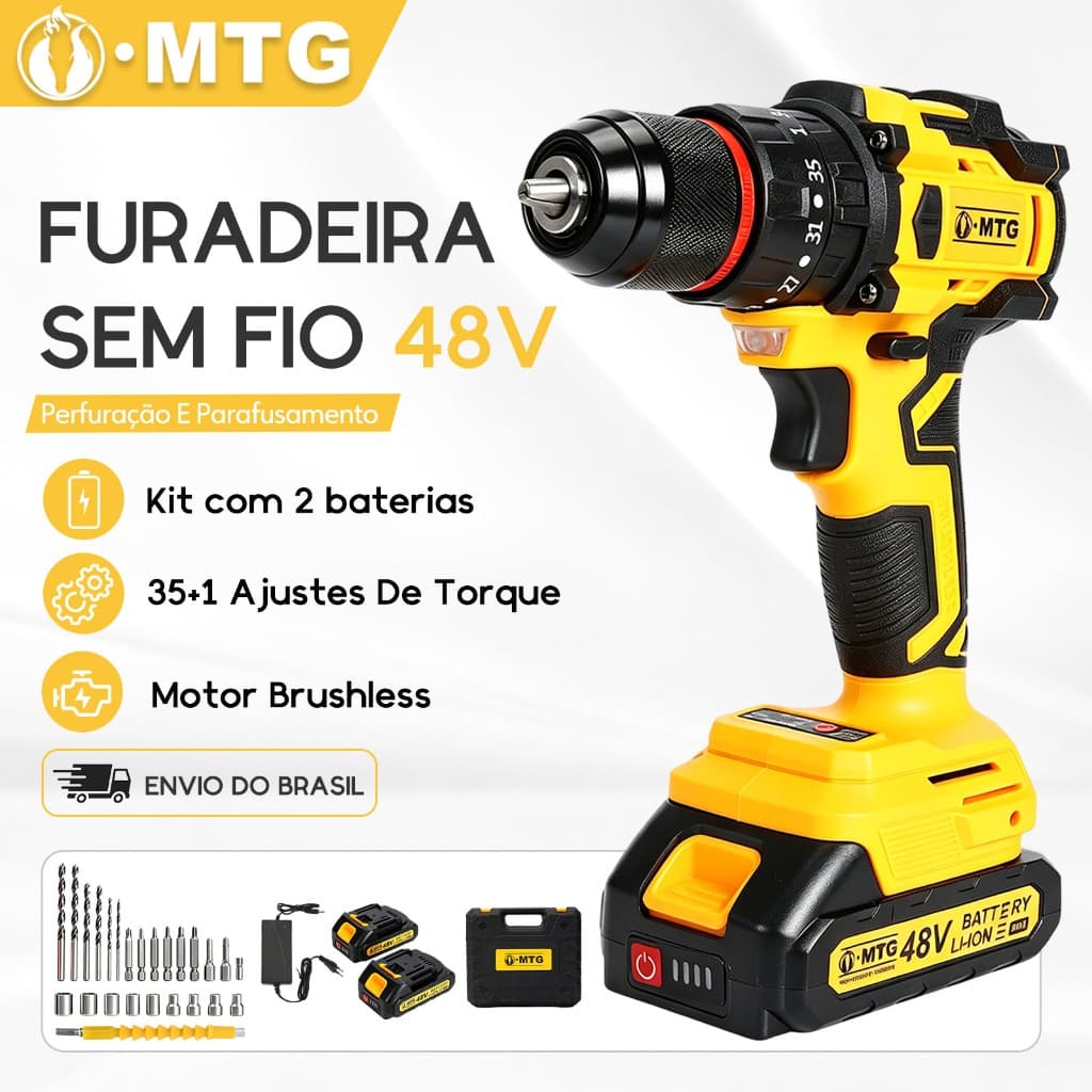 Ferramenta de perfuração com impacto MTG 48V sem escovas, com duas baterias e caixa de ferramentas
