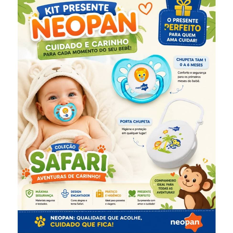 Kit Porta chupeta + chupeta tamanho 1 Neopan Safari bico ortodôntico