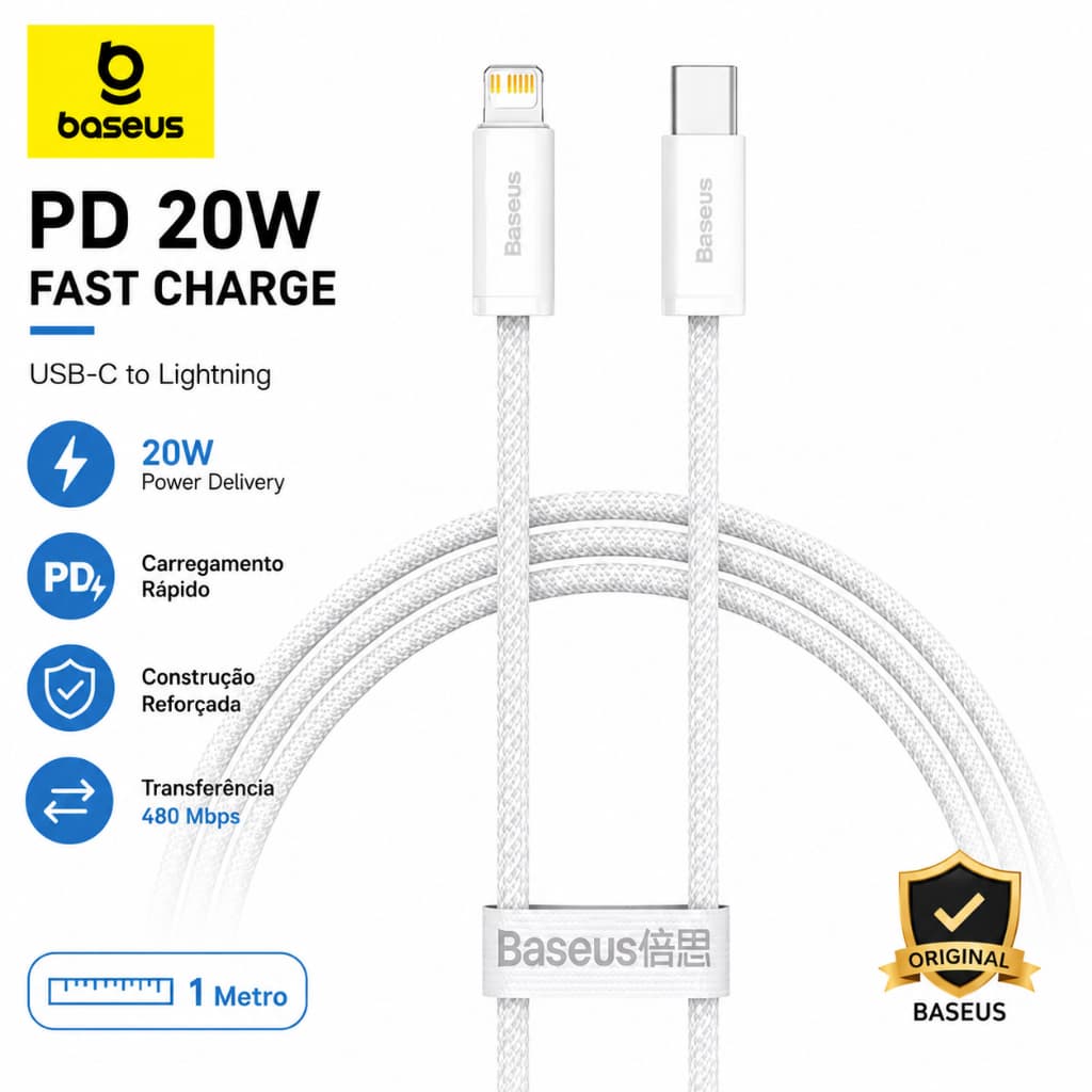 Cabo Baseus USB C para Lightning 20W PD Carregamento Rápido iPhone 11 12 13 14 Branco 1 Metro