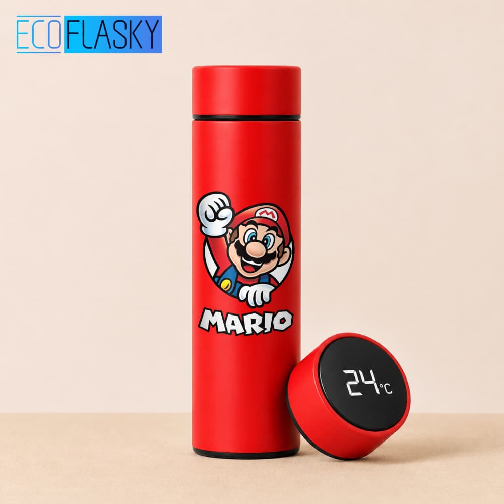 Garrafa Térmica de Água Aço Inoxidável Super Mario Bros Termometro LED Digital Jogo Anime 500ml