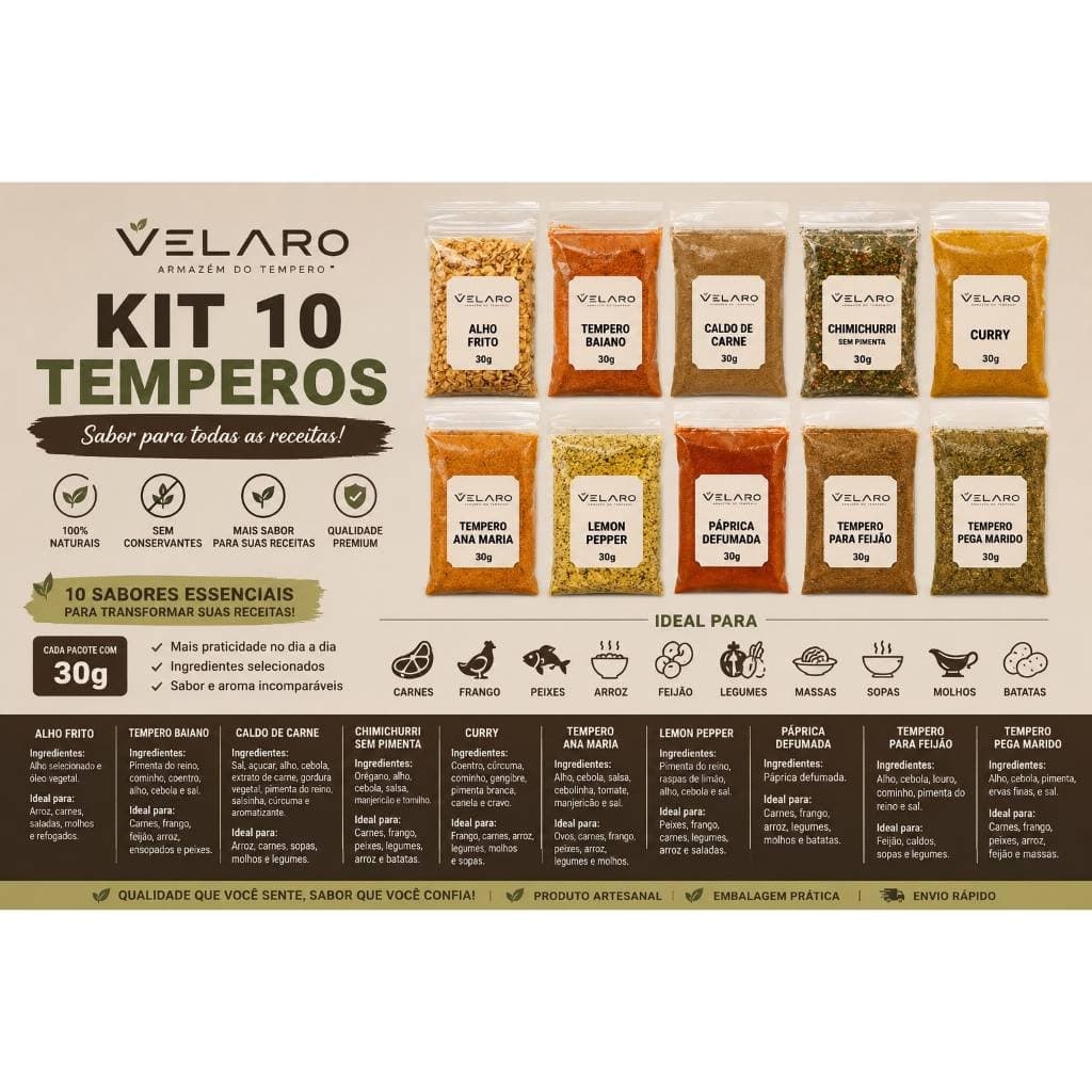 Kit 10 Temperos Naturais 30g Cada Velaro/ Creme de Cebola, Lemon Pepper, Curry, Chimichurri e Mais Cozinha e Churrasco