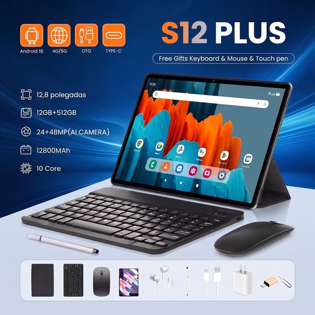 S12 Plus Tablet with Keyboard+Mouse -12.8 Inch 12GB RAM 512GB Android 16 Global Version 1 Year Warranty