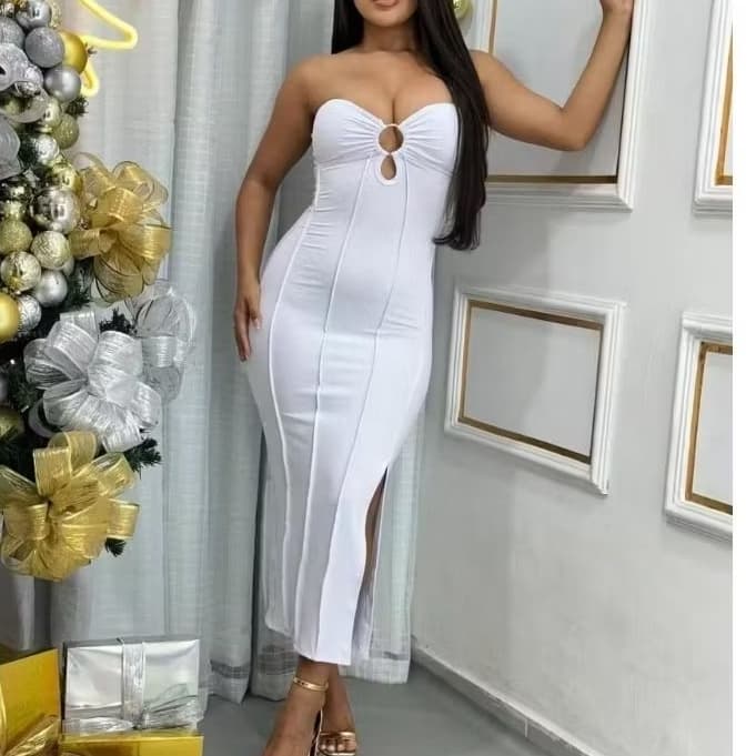 Vestido femenino drapeado com Argola, decote  Moda Gringa