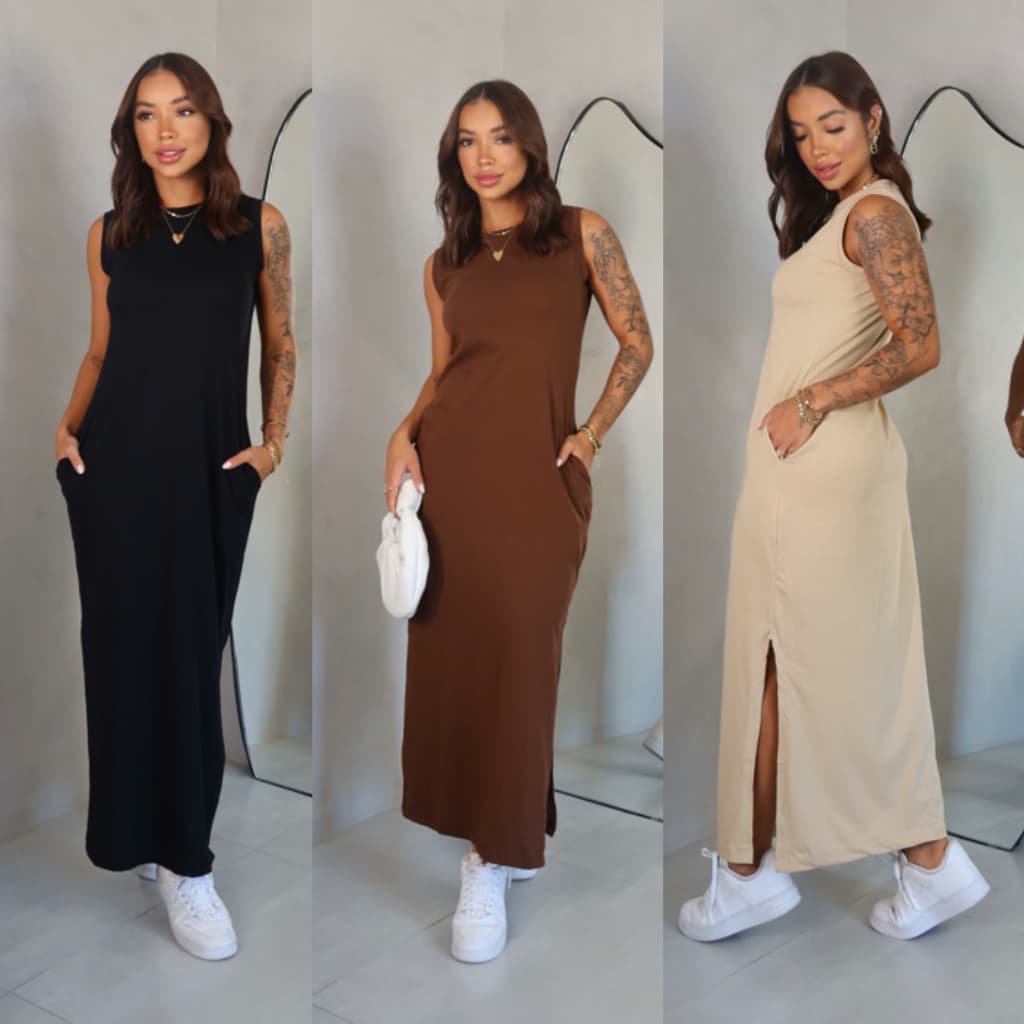 Vestido Feminino Cavado Blogueira Longo com Bolso Moda Gringa verão 2026