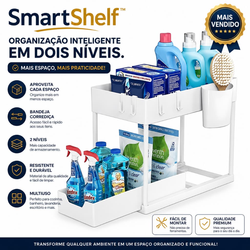 SmartShelf™ Organizador Multiuso 2 Níveis com Bandeja Corrediça para Cozinha Banheiro Lavanderia Organizador de Armário
