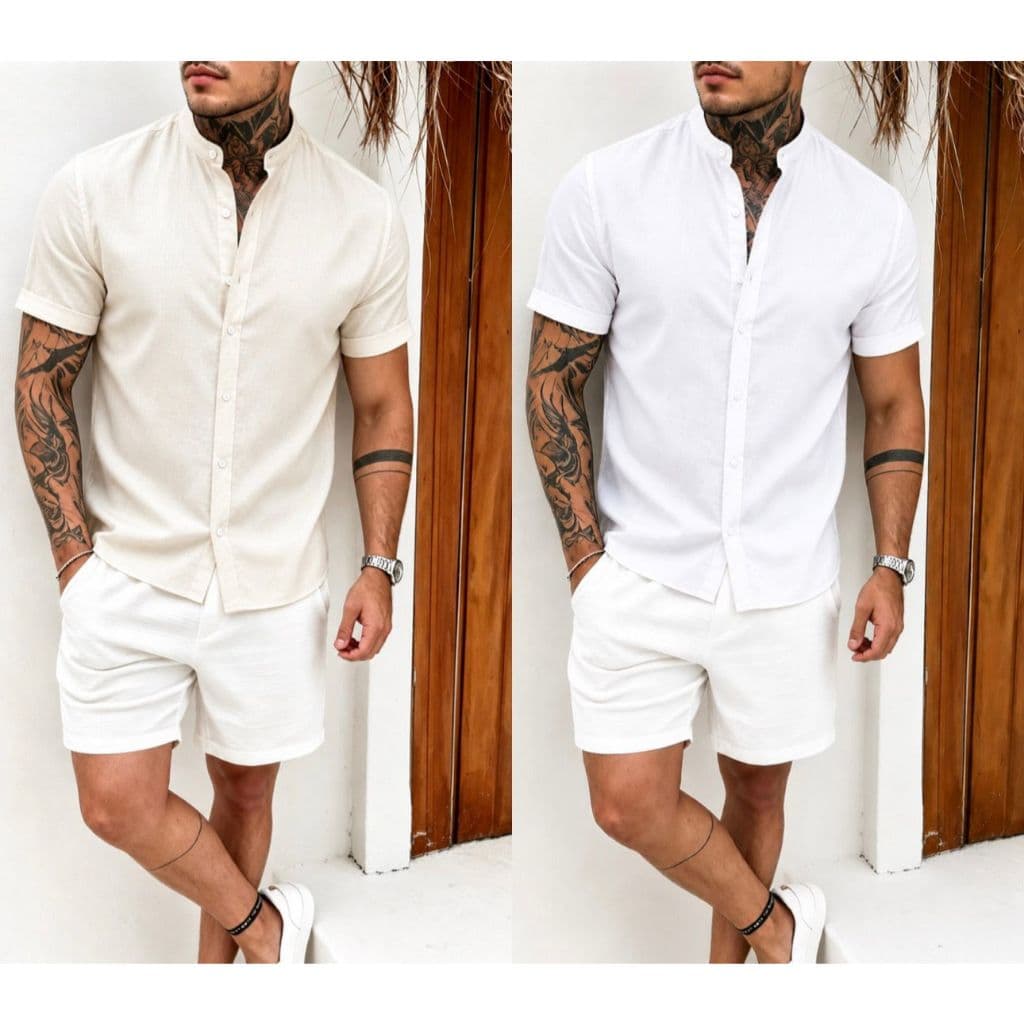 Kit 2 Camisas Masculina Gola Padre Social Manga Curta Linho Slim Luxo