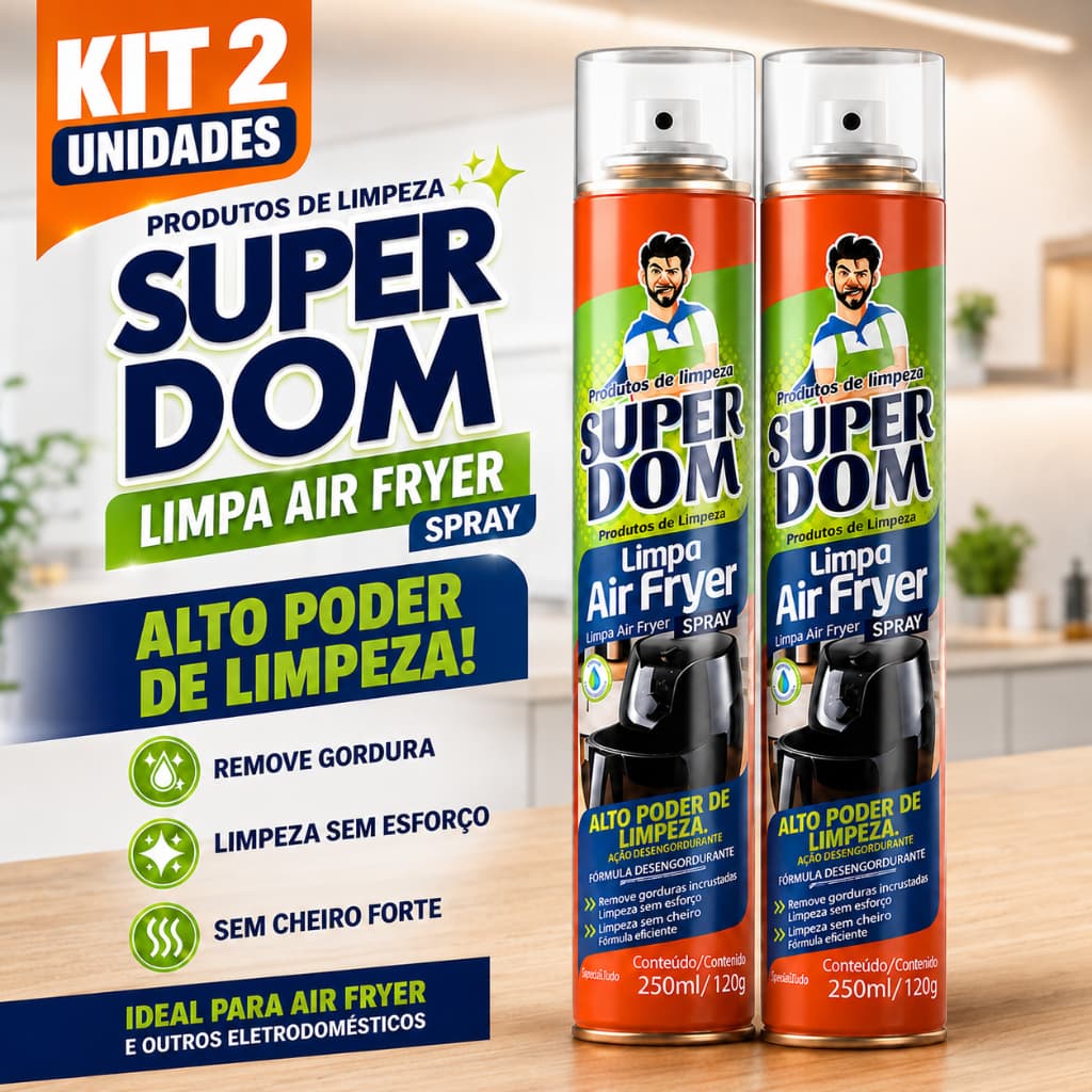 Spray Limpa Air Fryer 250ml Kit com 2 Unidades Super Dom Removedor Gordura Pesada Fritadeira sem Óleo Limpeza Fácil