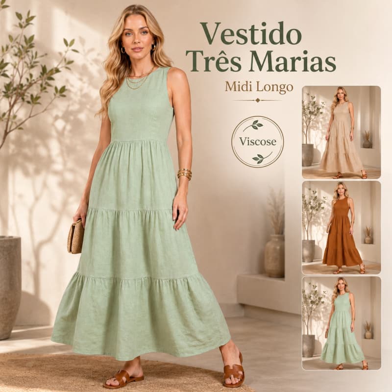 Vestido Feminino Três Marias Midi Longo Viscose com Linho Fluido Casual Elegante