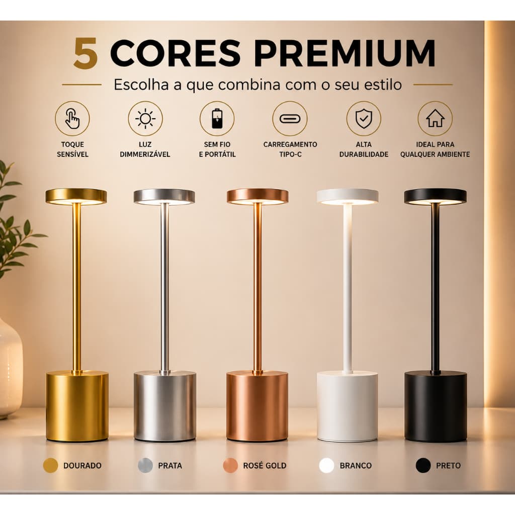 Luminária Mesa Abajur Touch Led Dimerizável Luz Decoração Sem Fio 3000k Recarregável Quarto Sala Bar Restaurante