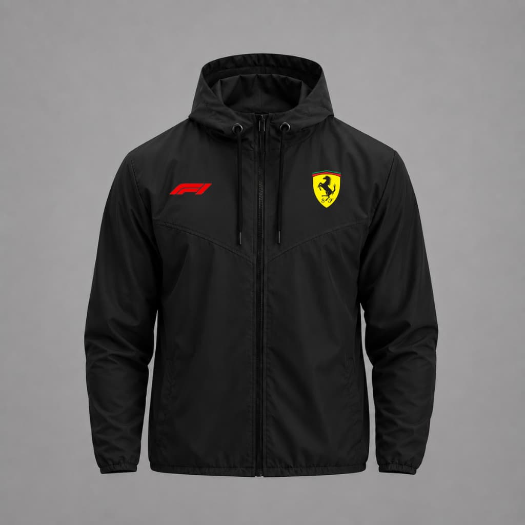 Jaqueta Corta Vento Masculina Ferrari Formula 1 Com Capuz, Bolso e Zíper - Academia Corrida Esporte F1