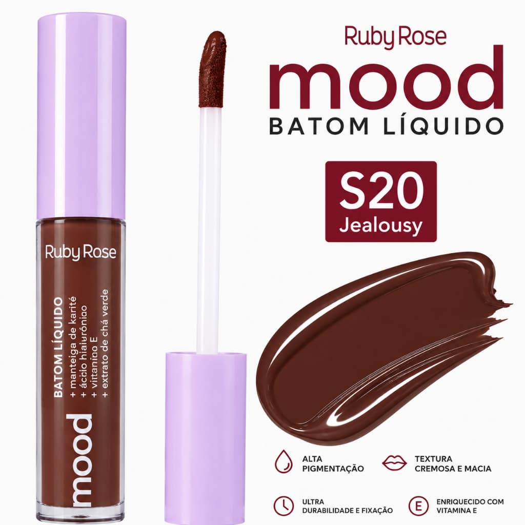 Batom Líquido Matte Mood Ruby Rose - Alta Pigmentação / Acido Hialurônico / Vitamina E / Cor 20 Jealousy