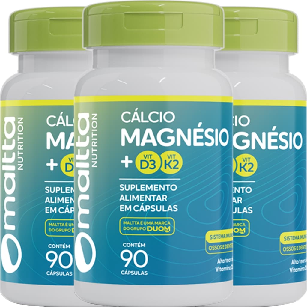 KIT 3x Cálcio + Magnésio + Vitamina K2 + Vitamina D3 - 90 Cápsulas 680mg - Duom