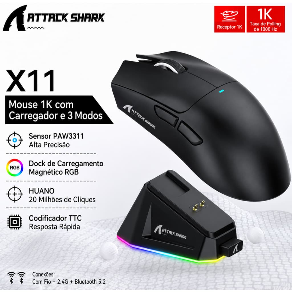 Mouse Gamer Attack Shark X11 Sem Fio 3 Modos 22000 DPI 400IPS com Base de Carregamento Magnética RGB