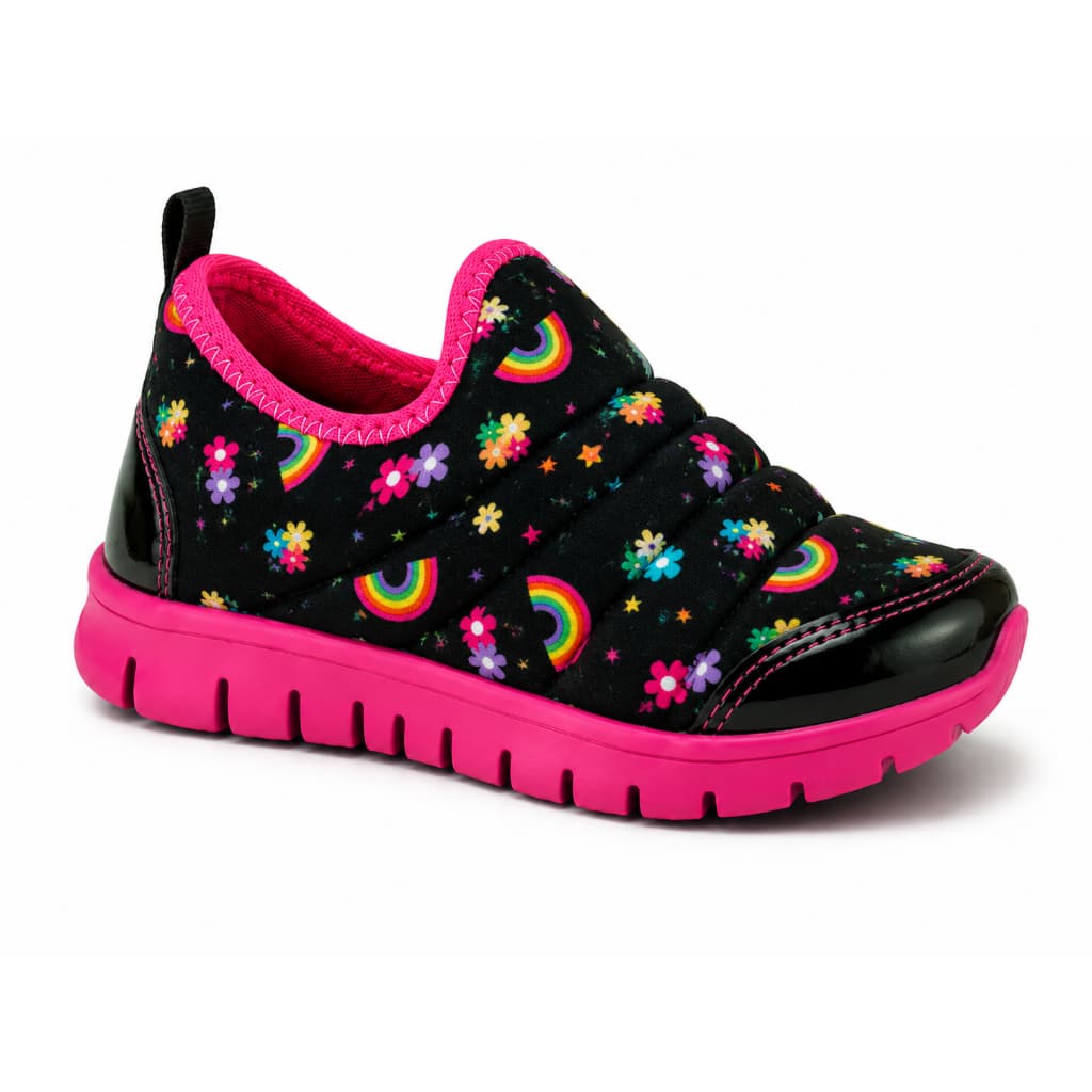 Tênis Infantil Feminino Calce Fácil Slip On Antiderrapante Confortável Menina Pamplim Arco-Íris