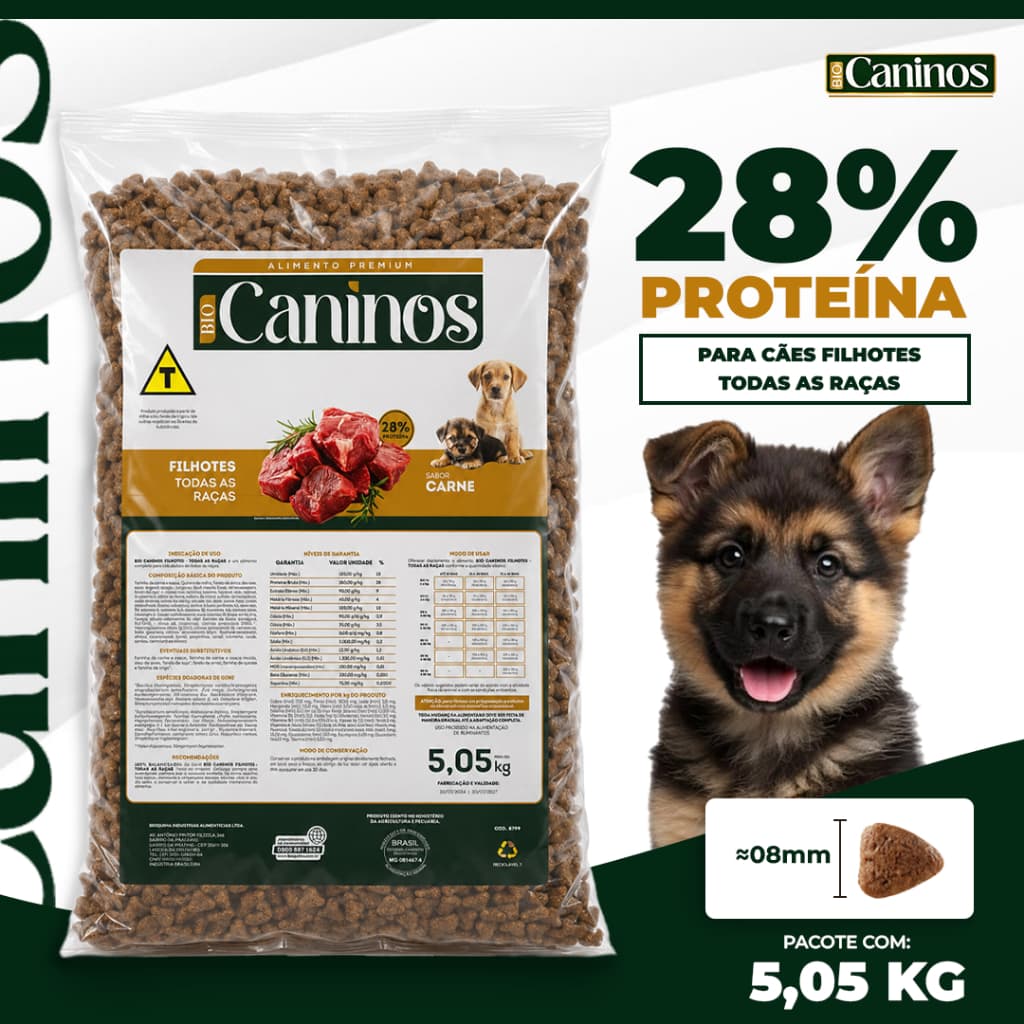 Ração Para Cachorro 5kg Caninos Filhotes Todas as Raças Sabor Carne 28% Proteína