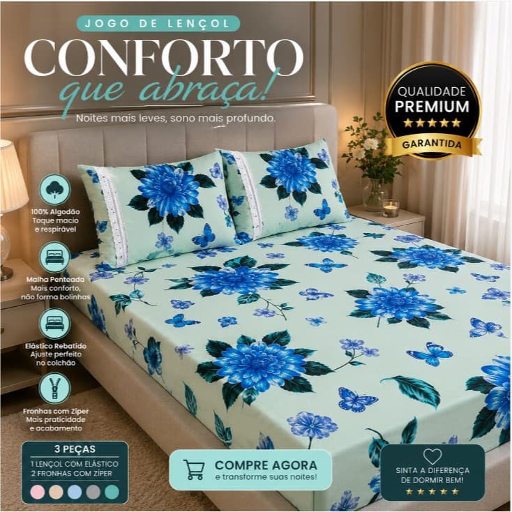 Jogo de Lençol Casal Padrão Malha Estampada 3 peças 100% Algodão - Fronhas Com Zíper