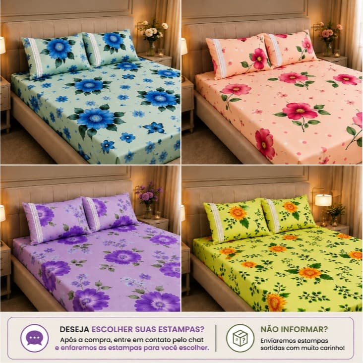 Kit com 4 Jogo Lençol De Malha Casal Estampado ( 1 Lençol + 2 Fronhas com Zíper cada Jogo ) Decoração