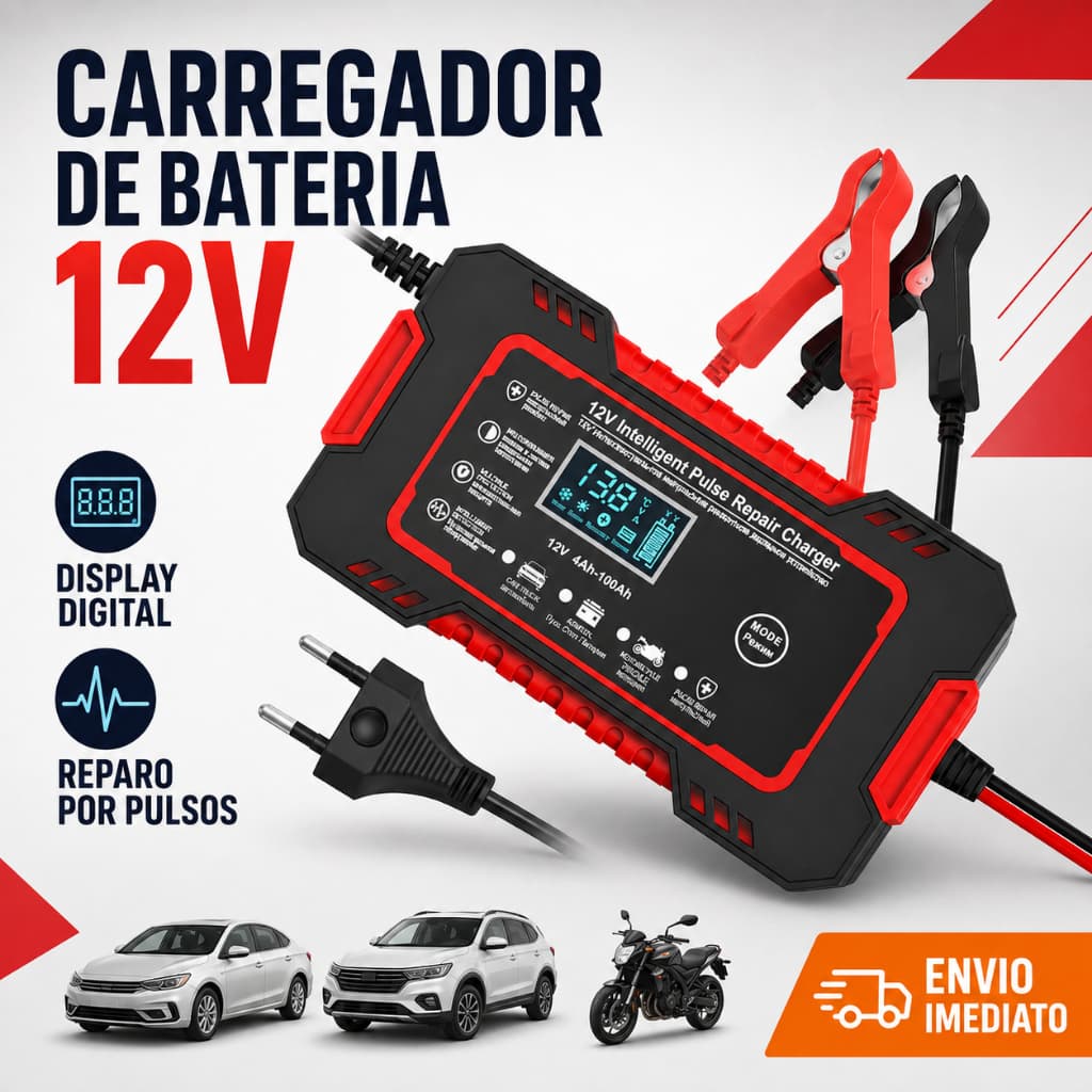 Carregador De Bateria Automotivo Inteligente 12 V - Display Digital Automático Energia Reparação Puls FLUX