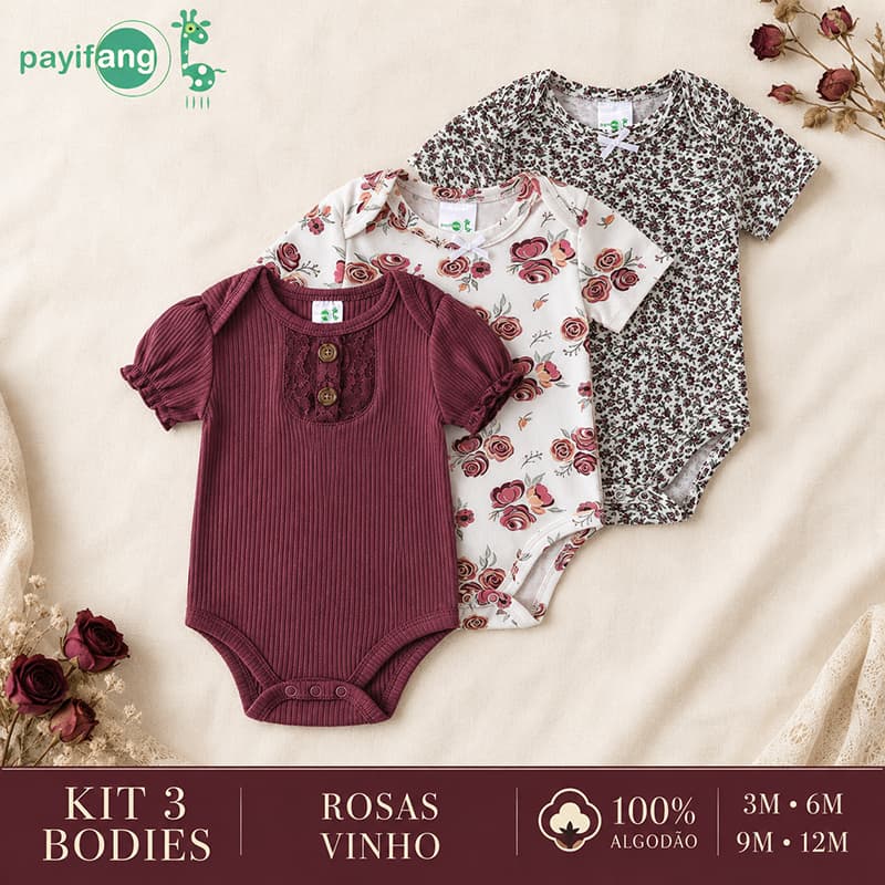 Kit 3 Bodies Payifang Bebê Menina Floral Rosa Vinho 100% Algodão Enxoval Infantil 3M a 12M