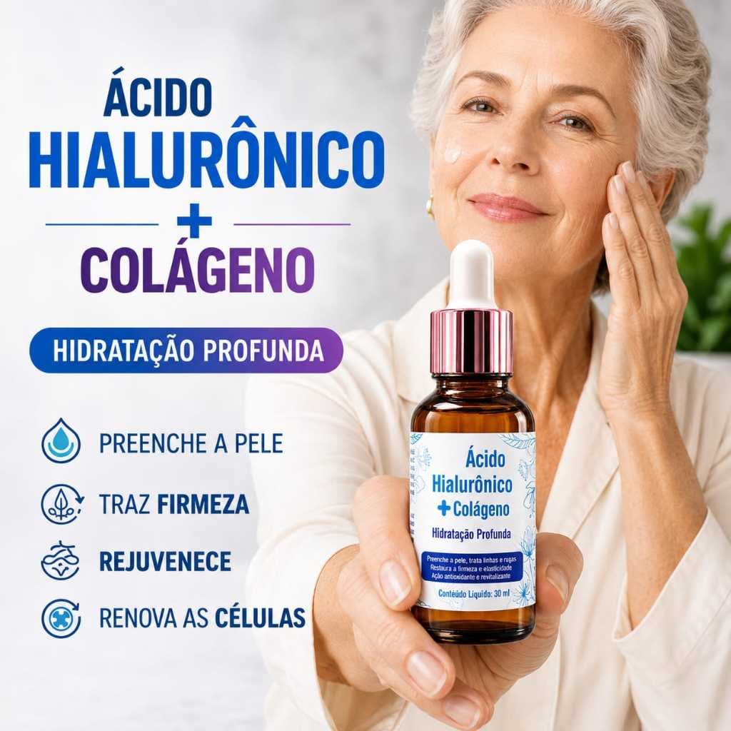 Sérum Facial Ácido Hialurônico com Colágeno - Anti-Idade Rejuvenescedor Firmeza e proteção da Pele Hidrataçao Perfeita