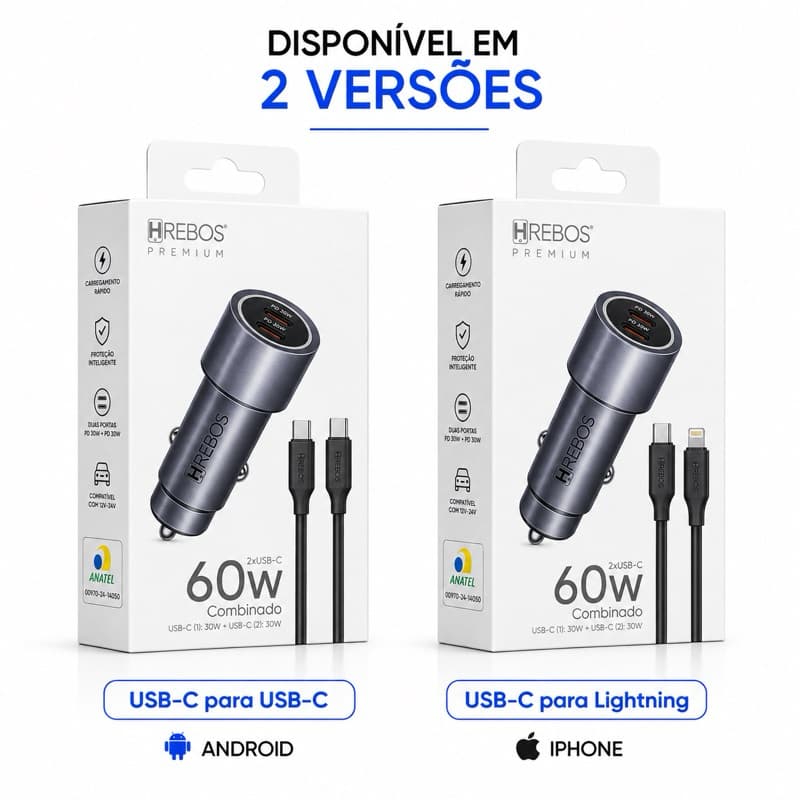 Carregador Veicular USB-C Duplo 60W HREBOS Premium CRV-203CC + 1 Cabos C-C Original