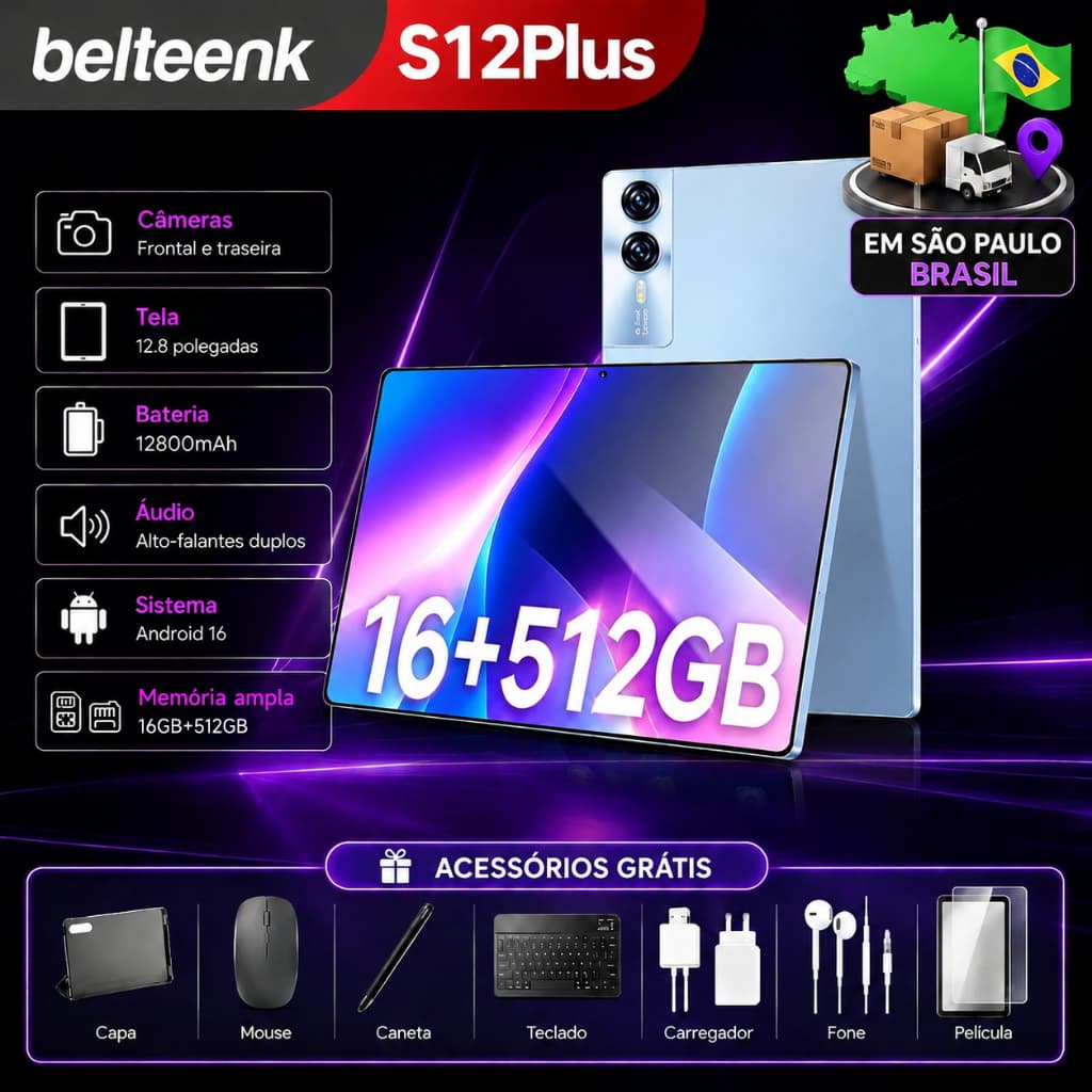 Belteenk Tablet S12Plus Combo com Teclado e Mouse 12.8"inch 16GB+512GB Android 16 com12800mAh Ideal para Estudos e Jogos