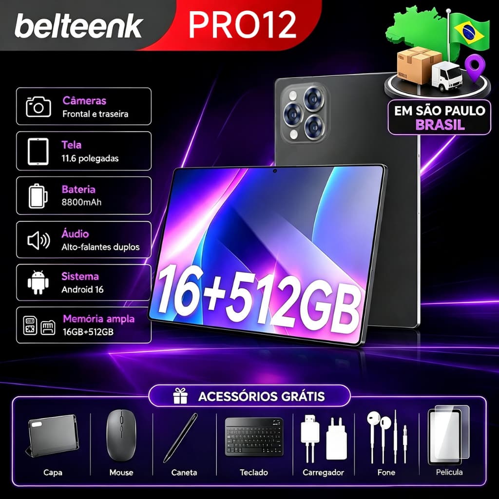 Belteenk Tablet Pro12 | 16GB RAM 512GB | Tela HD 11.6" | Android 16 | 5G com | Bateria 8800mAh