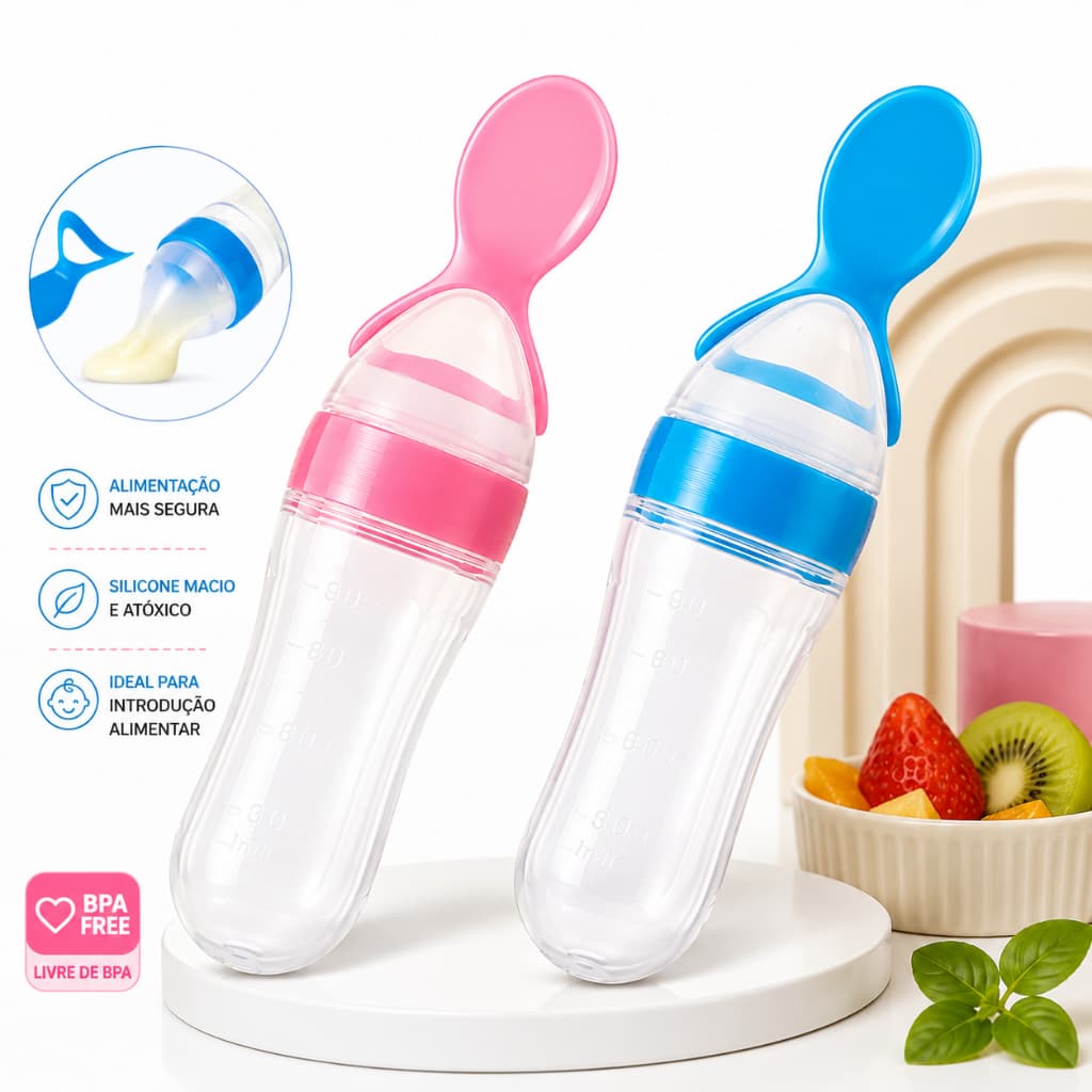 Colher Dosadora de Silicone para Papinha Bebê BPA Free Antiengasgo Introdução Alimentar 90ml Azul e Rosa