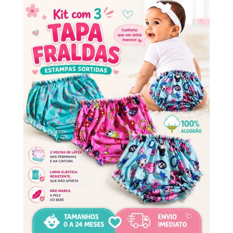 Tapa fralda menina algodão estampada kit 3 unidades