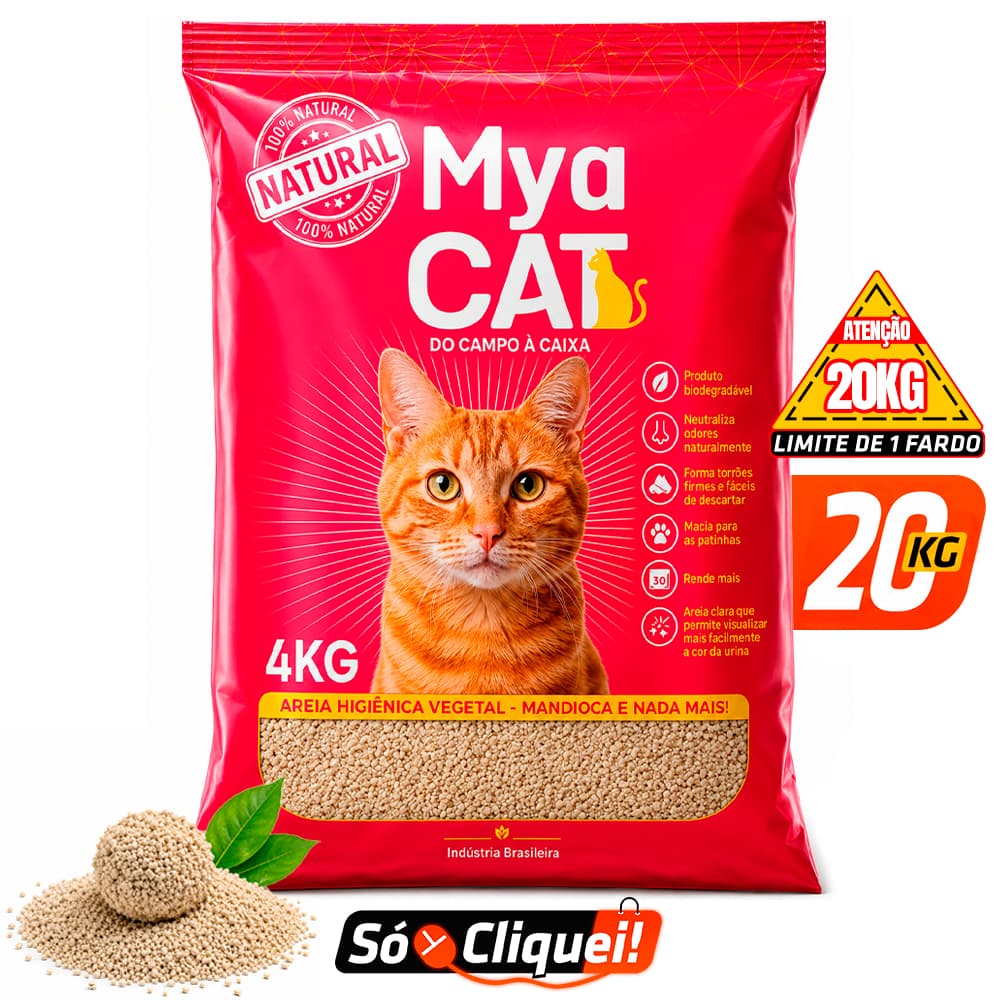 Areia Sanitária de Mandioca Mya Cat 4KG Granulado Higiênico de Gato Biodegradável Torrões Firmes Evita Odores