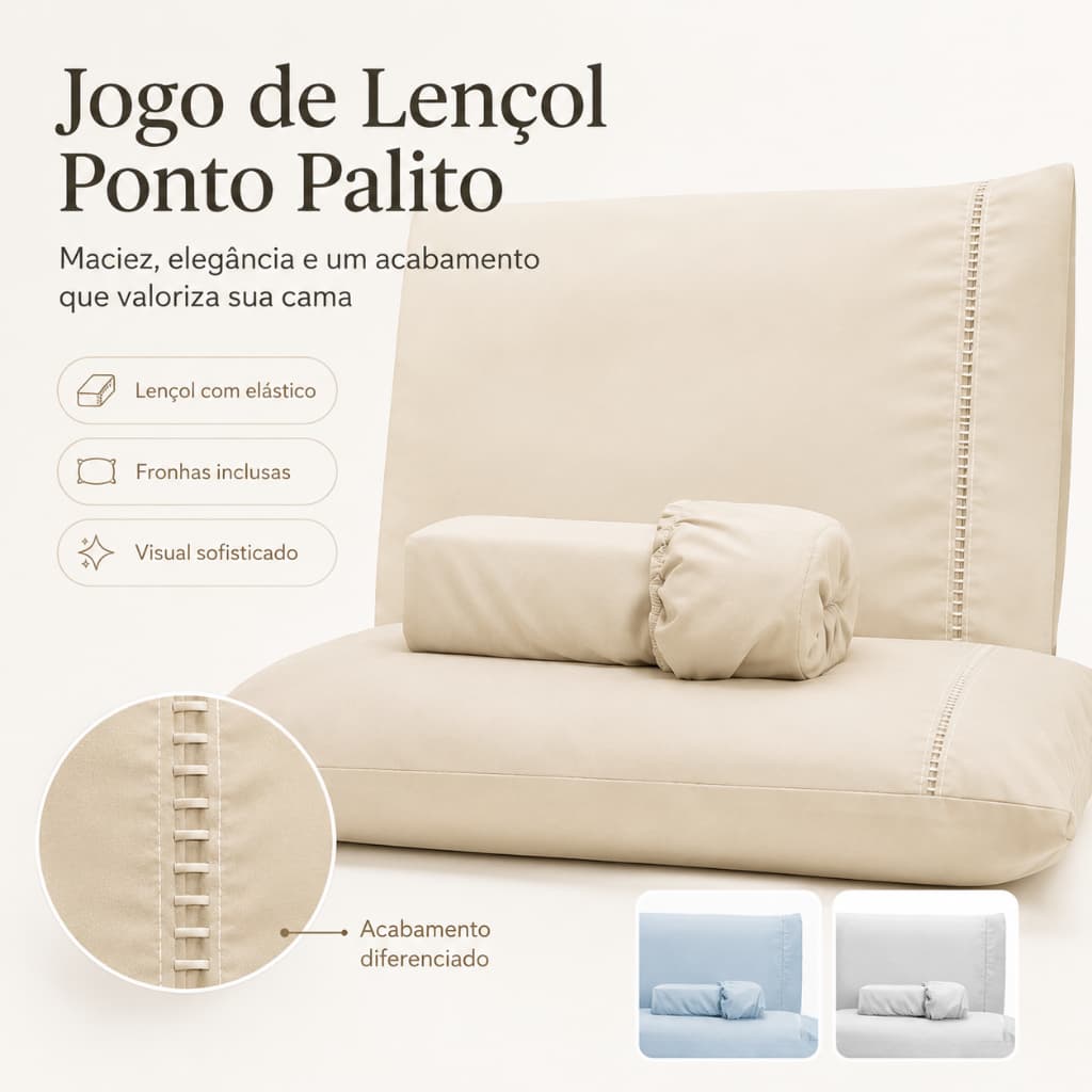 Jogo de Lençol Antialérgico Casal Padrão 03 Peças Micropercal 400 Fios Ponto Palito Várias Cores