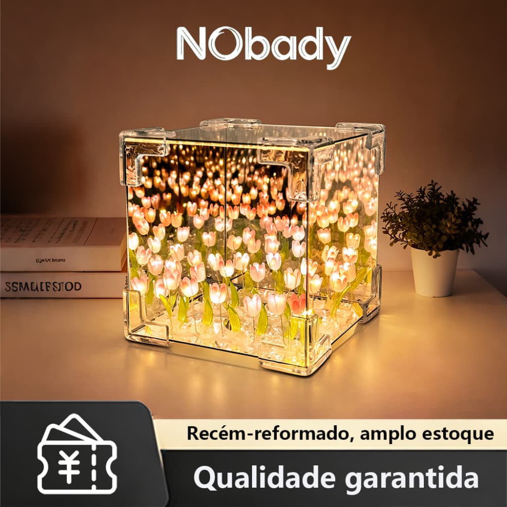 Luminária Noturna de LED com Tulipas Artificiais e Espelho – Ideal para Decoração e Presentes Românticos