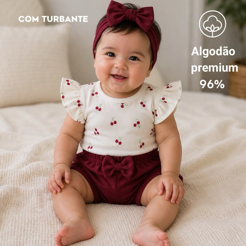 Conjunto Bebê Menina Body e Calça ou Shorts Algodão Premium com Turbante | Verão e Meia Estação