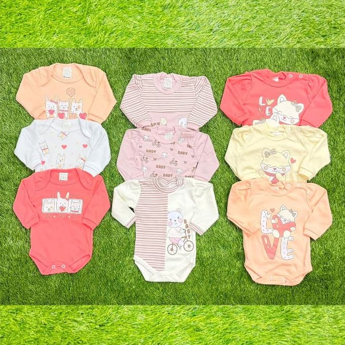 Kit com 3 Body Manga longa para Bebê Feminino em suedine de algodão, enxoval, conforto do bebê menina