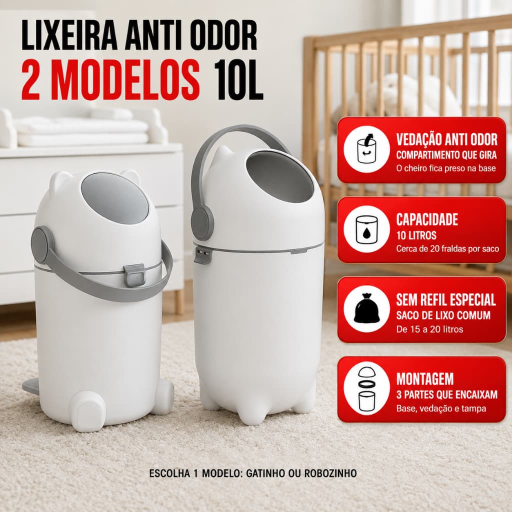 Lixeira Sistema Anti Odor Para Fraldas 10 Litros Bebê Banheiro Cozinha Pet BabyTui Gusffer