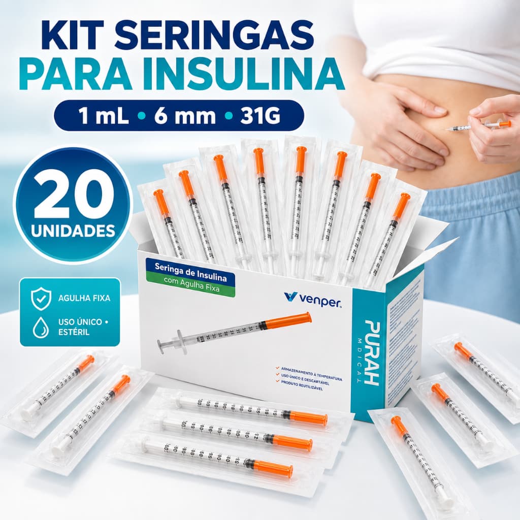 Kit 20 Unidades De Seringas para Insulina 1ml 6mm 31G Venper Estéril Agulha Fixa Ultra Fina