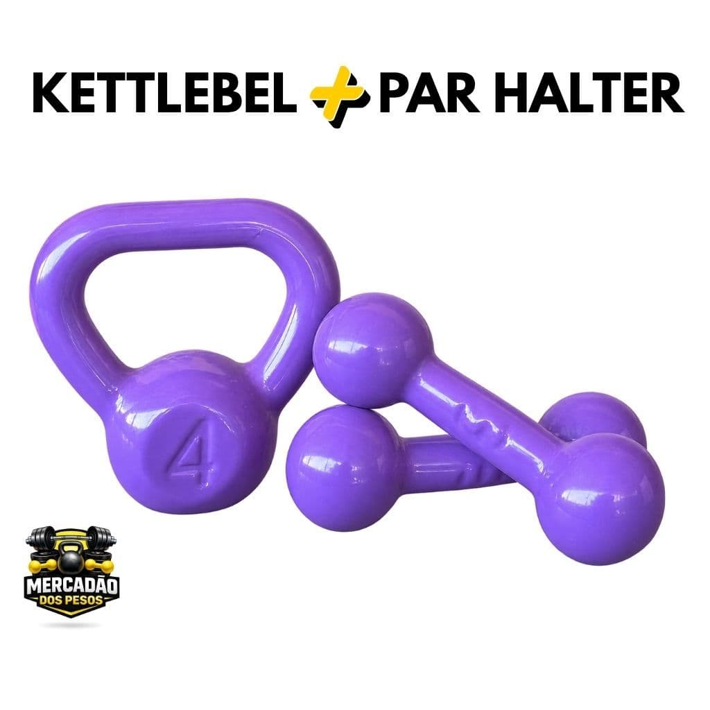 Kit Treino 3 Peso em Casa Academia  Halter Bola, Ketlebell Emborrachado Roxo - Academia, Crossfit, Pilates, Musculação