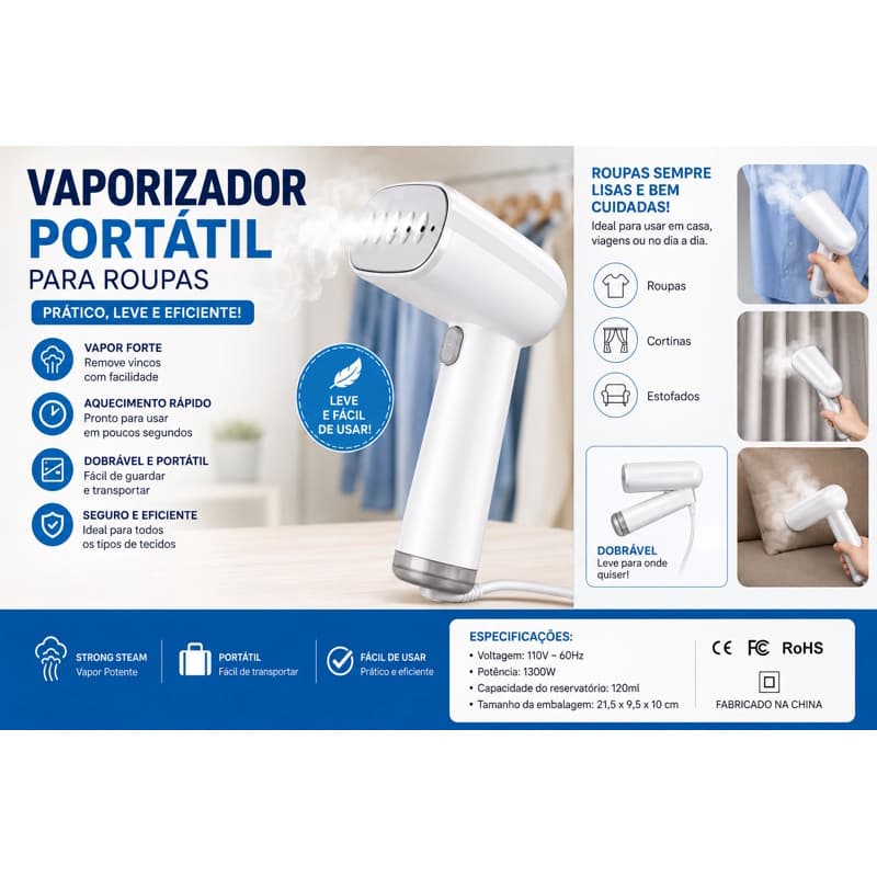 Ferro a Vapor Compacto 110V Branco - Aquecimento Rápido, Design Compacto e Dupla Voltagem
