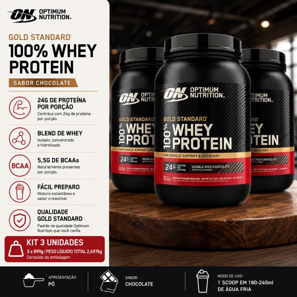Kit 3 Whey Protein Gold Standard 100% Optimum Nutrition Chocolate 899g