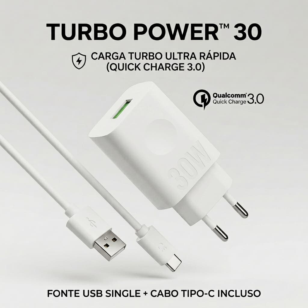 Carregador De Celular Turbo Power 30W Carga Rapida Quick Charge 3.0 Duplo USB Com Cabo Tipo C