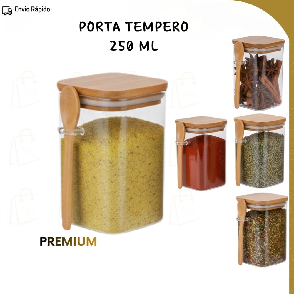 Kit 5/8/10/12 Pote Porta Mantimentos Temperos 250ml de Vidro com Tampa e Colher de Bambu Hermético