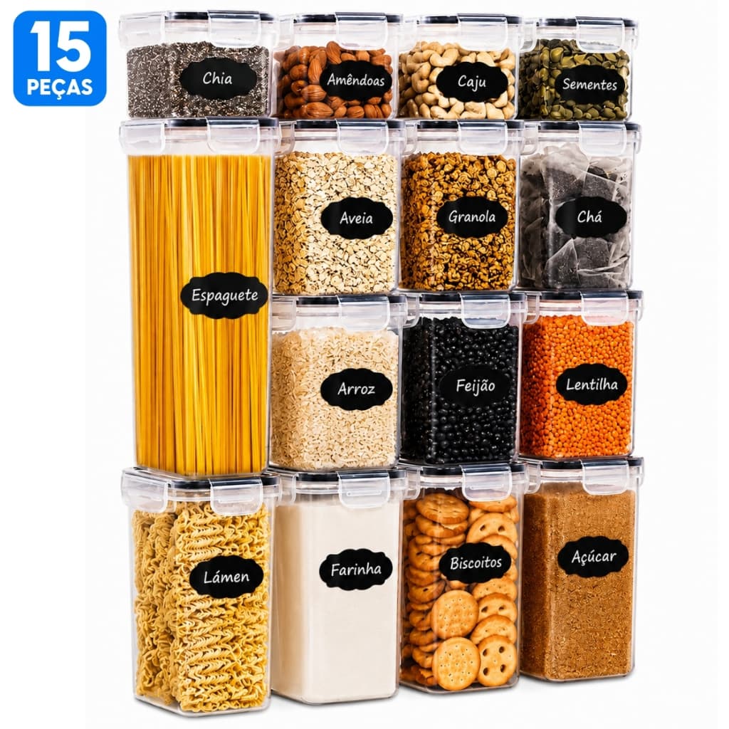 Kit 15 Potes Herméticos Organizadores de Mantimentos Plástico com Etiquetas Cozinha Despensa Empilhável