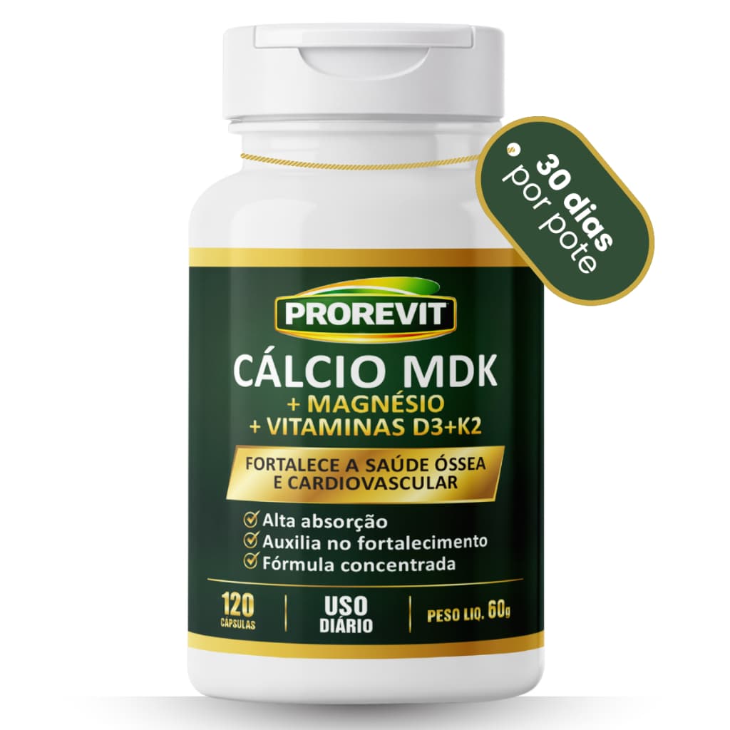 Cálcio MDK Magnésio + Vitamina D3 + K2 120 Cápsulas Suplemento Saúde Óssea e Cardiovascular Alta Absorção Prorevit