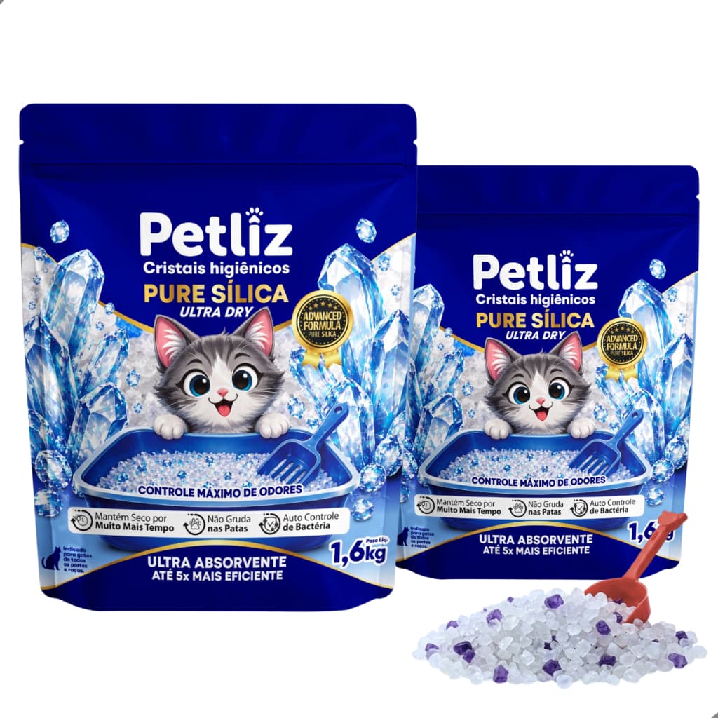 Kit 2 Areia Sanitária Higiênica para Gatos Cristas de Sílica Grossa Ultra Absorvente Petliz 1,6kg