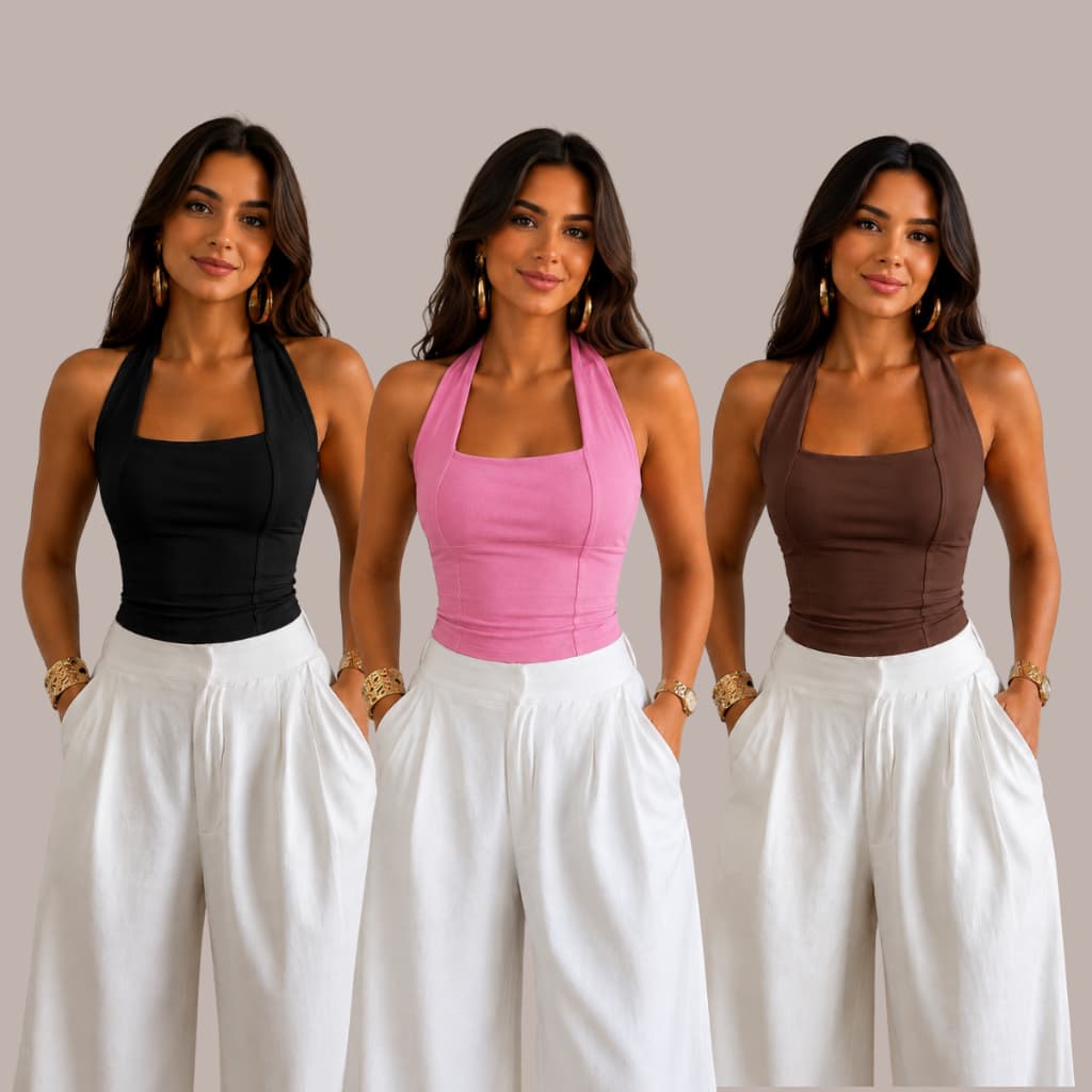 Kit Com 3 ou 1 Blusa Top Halter Frente Única Malha Suplex Alta Compressão Academia Fitness Verão