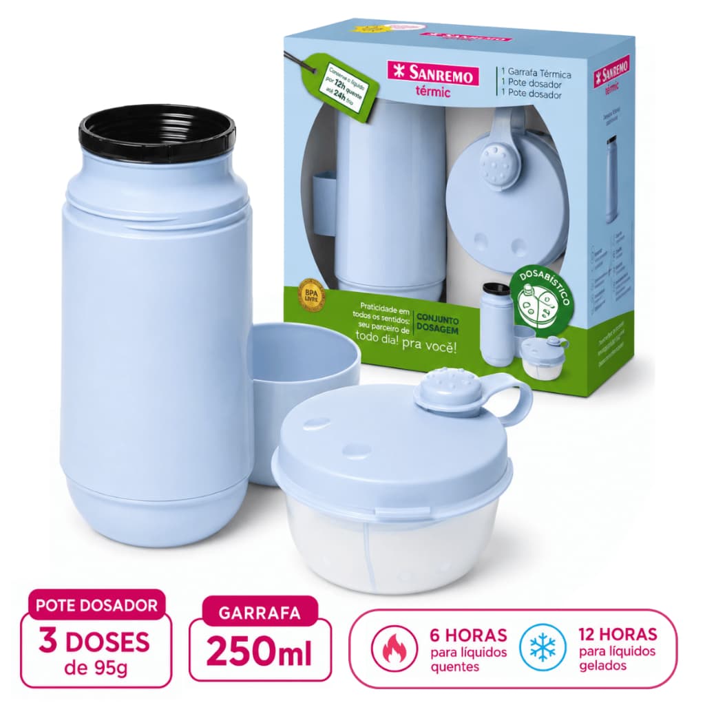 CONJUNTO GARRAFA TÉRMICA 250ML + POTE PARA LEITE EM PO AZUL INFANTIL PROMOÇÃO VOLTA AS AULAS